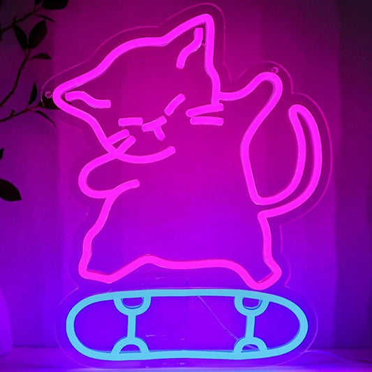 Fun Bright Pink Cat Riding a Skateboard LED Night Light Room Wall Decoration