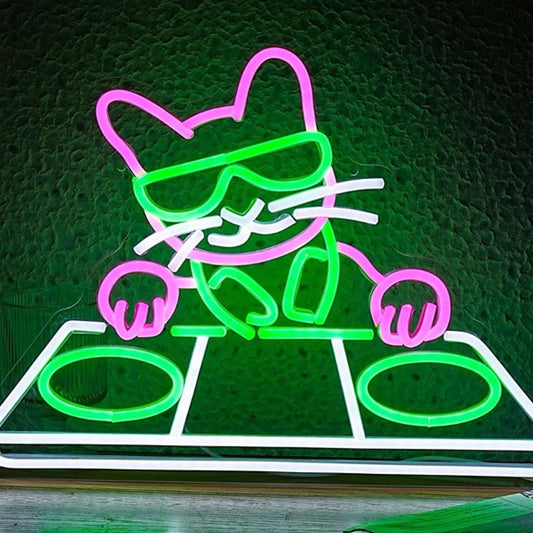 Fun Bright Pink Kitty Cat DJ LED Night Light Music Concert Room Wall Decoration