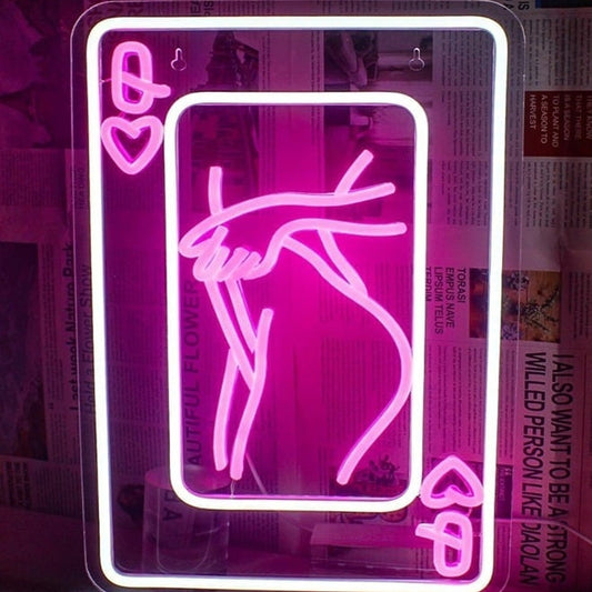 Fun Bright Pink Queen Playing Card Woman Heart LED Night Light Decor