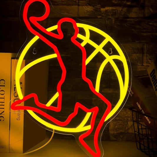 Vivid Bright Red / Yellow Dunking Basketball Man Light NBA Sport Room Wall Decor