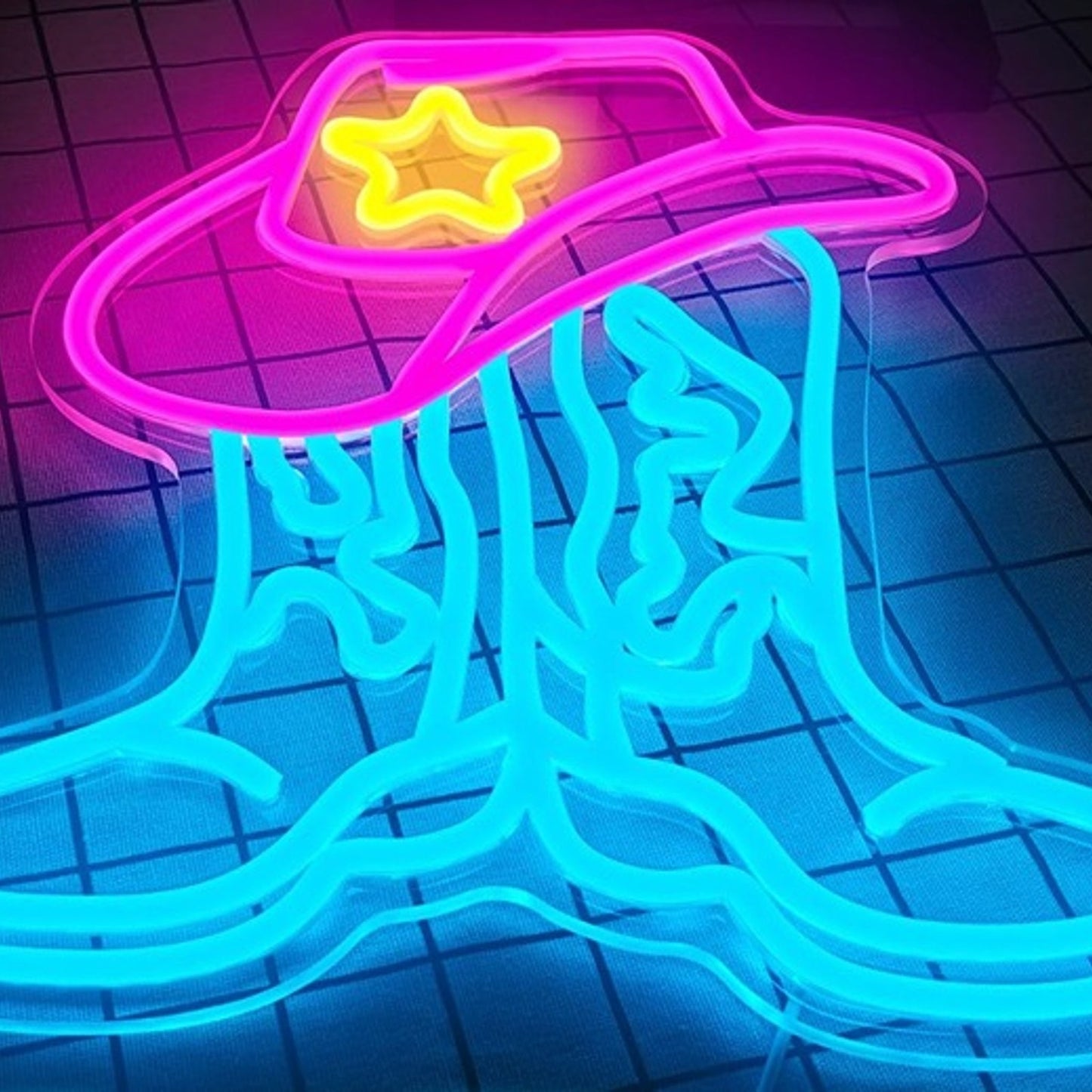Fun Bright Pink Cowgirl Hat with Gold Star & Blue Boots LED Night Light