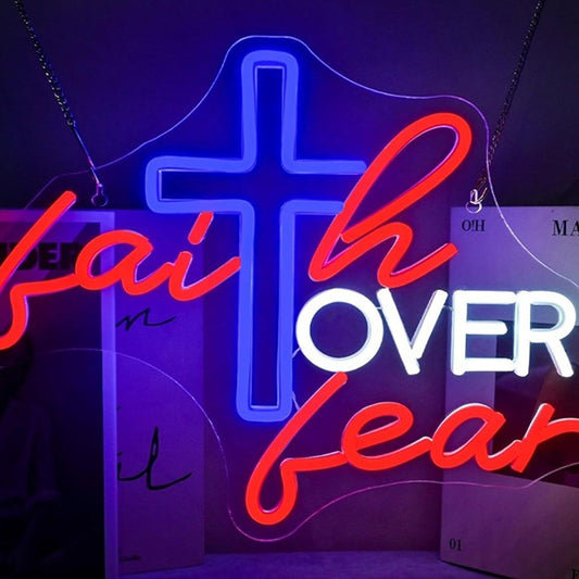 Vivid Bright “Faith Over Fear” Cross LED Light Christian Religious Decoration