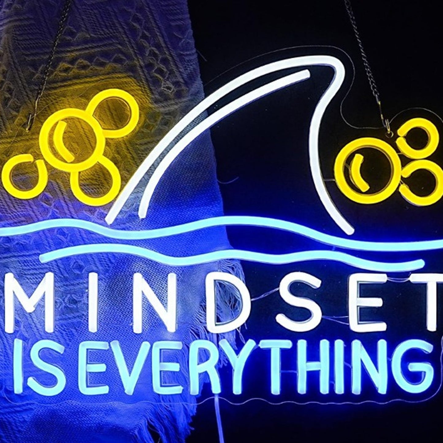 Vivid Bright Blue Shark Fin “Mindset is Everything” Night Light Room Wall Decor