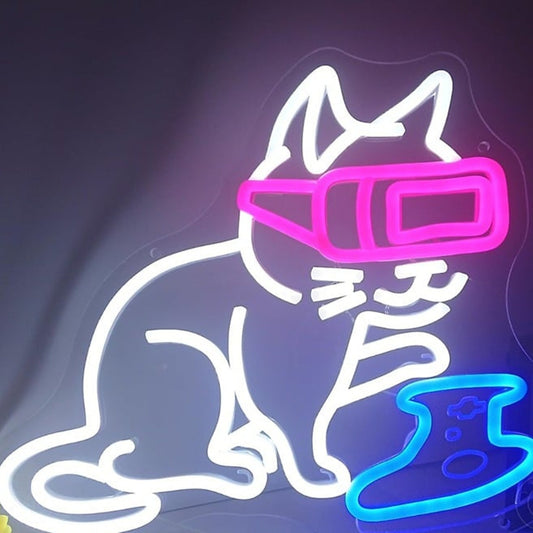 Fun Bright Kitty Cat Play VR Video Game LED Night Light Room Wall Decor