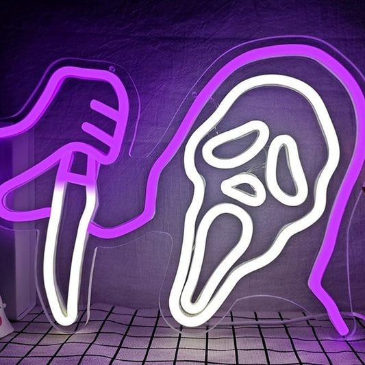 Spooky Bright Purple / White Ghost Face with a Knife Night Light Room Wall Decor