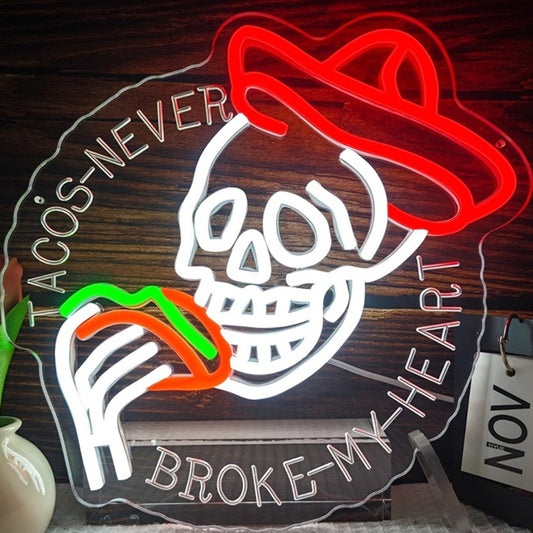 Fun Bright Skeleton “Tacos Never Broke My Heart” LED Night Light Room Wall Decor