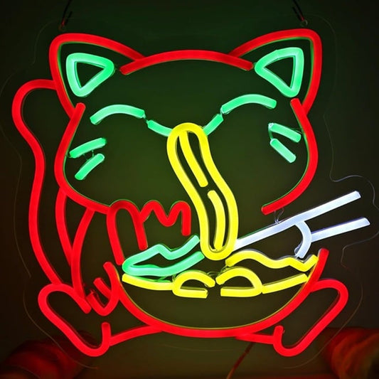 Funny Bright Red Hungry Kitty Cat Eat Ramen Noodles LED Light Room Wall Decor