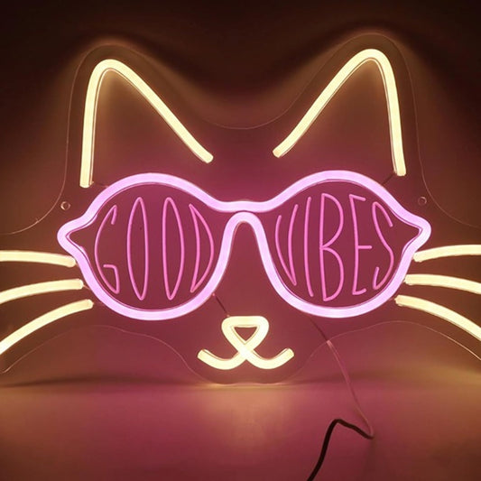 Fun Bright Cool Good Vibes Kitty Cat LED Night Light Room Wall Decoration