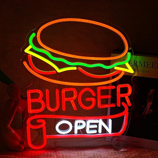 Vivid Bright “Burger Open” Sign LED Night Light Restaurant Shop Room Wall Decor
