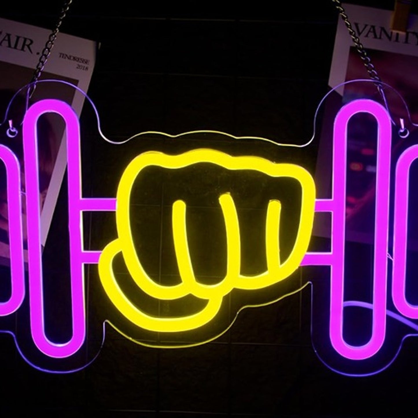 Fun Bright Pink Dumbbell in Hand Fitness LED Light Gym Exercise Wall Decor