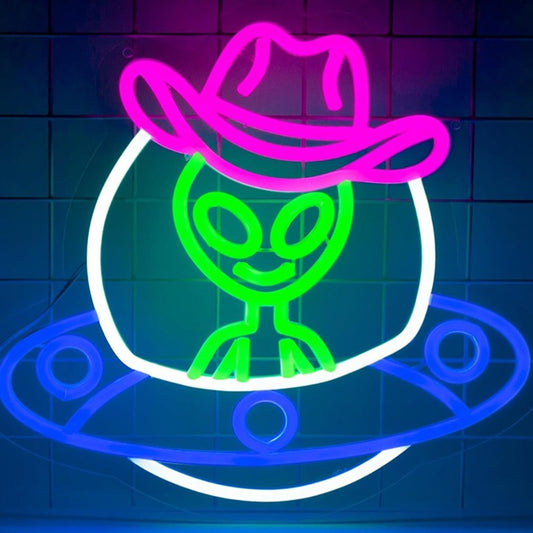Fun Bright Alien in a Space Ship UFO & Pink Cowboy Hat LED Light Wall Decor
