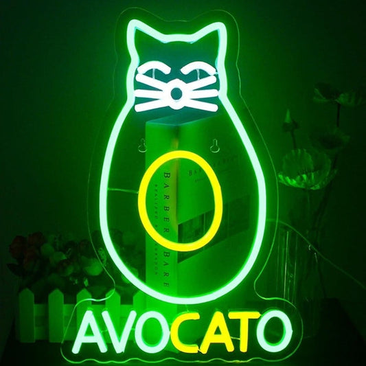 Fun Bright Green Avocado Kitty Cat Avocado LED Night Light Room Wall Decor