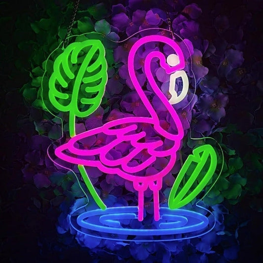 Lovely Bright Pink Bathing Flamingo LED Night Light Jungle Leaf Room Wall Decor