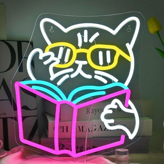 Fun Bright Kitty Cat Reading a Book with Glasses On LED Light Room Decoration