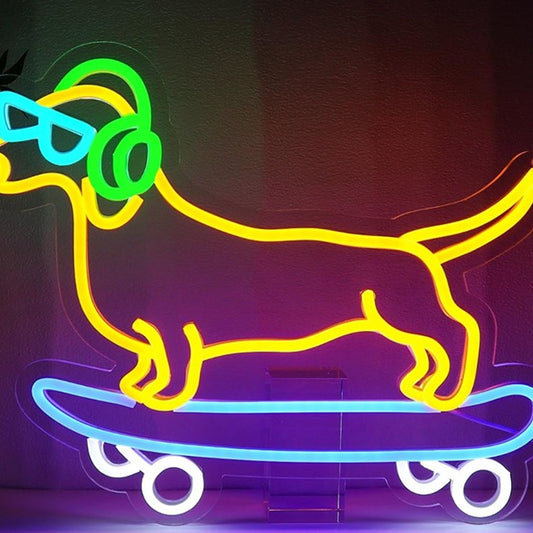 Fun Bright Yellow Weiner Dog Riding a Skateboard LED Light Room Wall Decoration