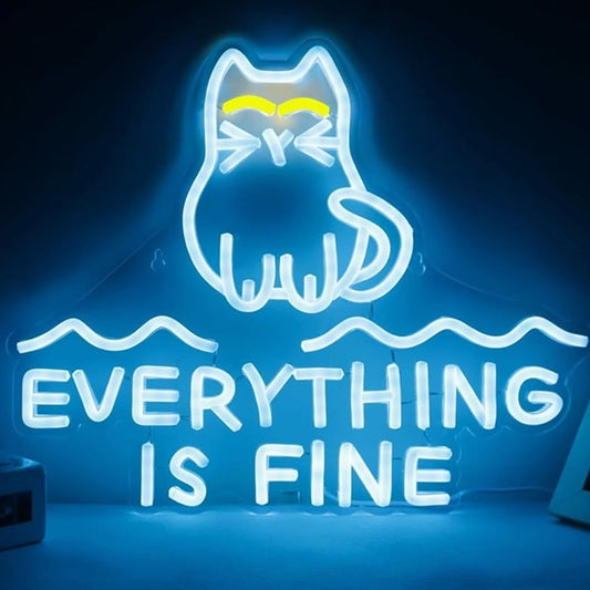Fun Bright Blue “Everything is Fine” Kitty Cat Next to Water LED Light Wall Deco