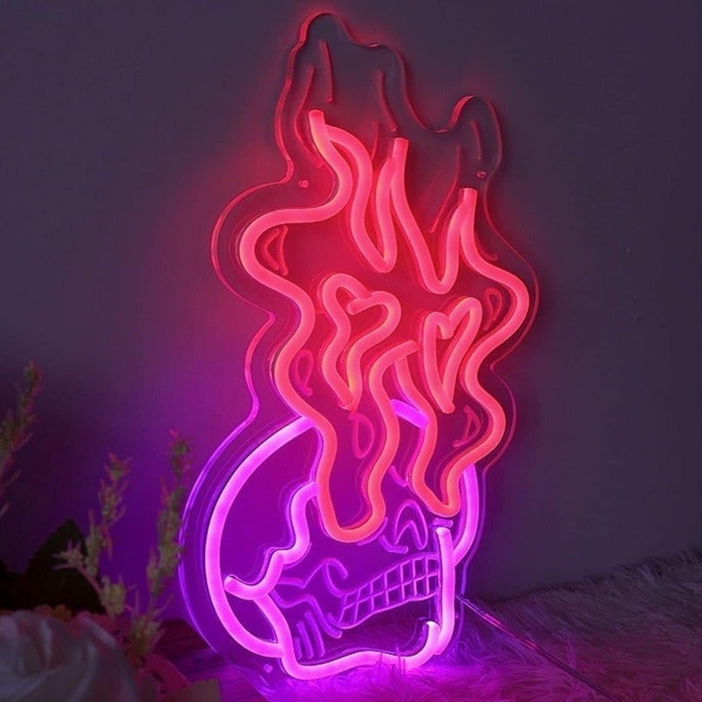 Skull Fire Neon Sign Flame Heart Shape LED Light for Wall Decor