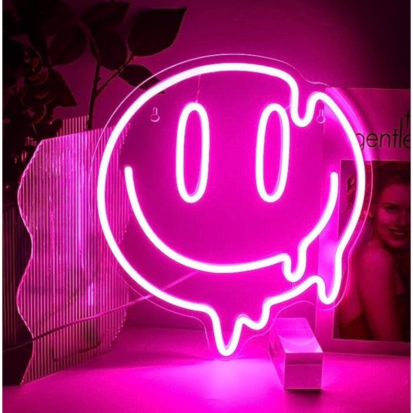 Vivid Bright Hot Pink Melting Smiley Face LED Night Light Room Wall Decoration