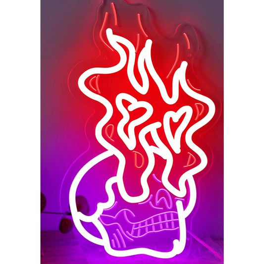 Lovely Bright Pink Skull w/ Fire Heart Eyes LED Night Light Room Wall Decor