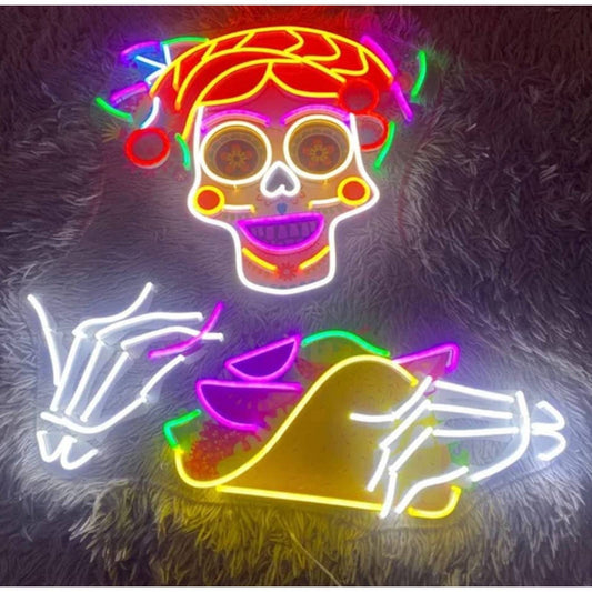 Fun Bright Rainbow Mexican Skull Eating Taco LED Night Light Restaurant Room Wal