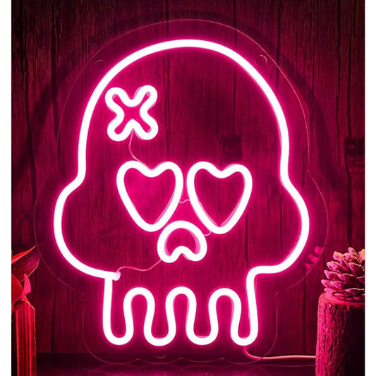 Fun Spooky Bright Pink Heart Eye Skeleton Skull LED Night Light Halloween Decor