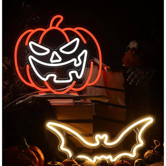 Vivid Bright Spooky Pumpkin & Bat Bundle LED Night Light Halloween Decor