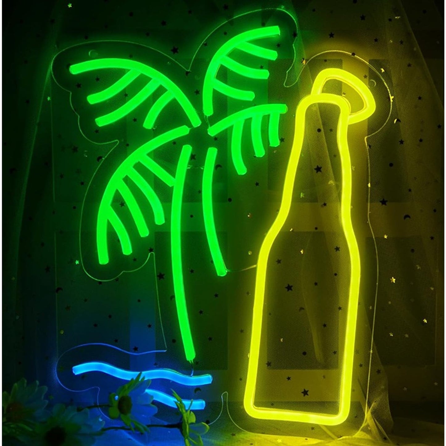 Tropical Bright Yellow Beer Bottle Palm Tree LED Night Light Bar Vacation Decor