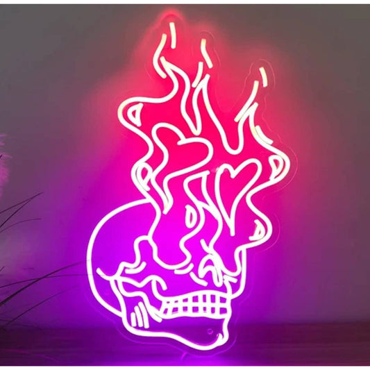 Lovely Bright Pink Skull Raging Heart Fire Eyes LED Night Light Room Wall Art De