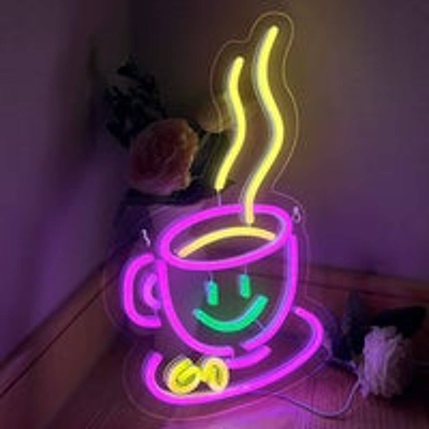Lovely Bright Pink Hot Cup of Coffee/Tea Smiley Face LED Night Room Wall Decorat