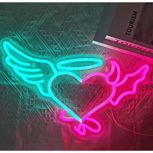Lovely Bright Blue / Pink Angel Wing & Devil Heart LED Night Light Room Wall Dec