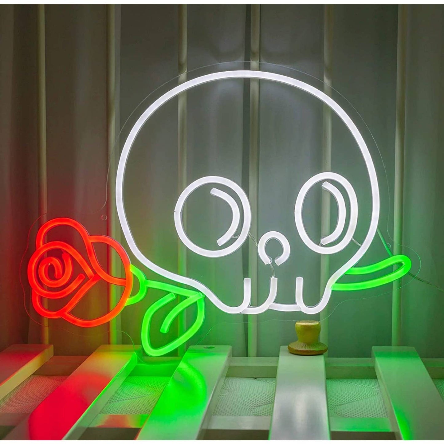 Cute Bright Skull Head with Red Rose LED Night Light Room Wall Decoration