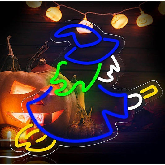 Fun Spooky Vivid Bright Blue Witch on a Broom LED Night Light Room Wall Decor