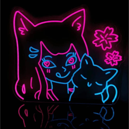 Adorable Cute Large Bright Cat Girl & Her Kitty LED Night Light Anime Room Wall