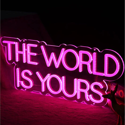 Lovely Bright Pink Empowering “The World is Yours” LED Night Light Room Wall Dec