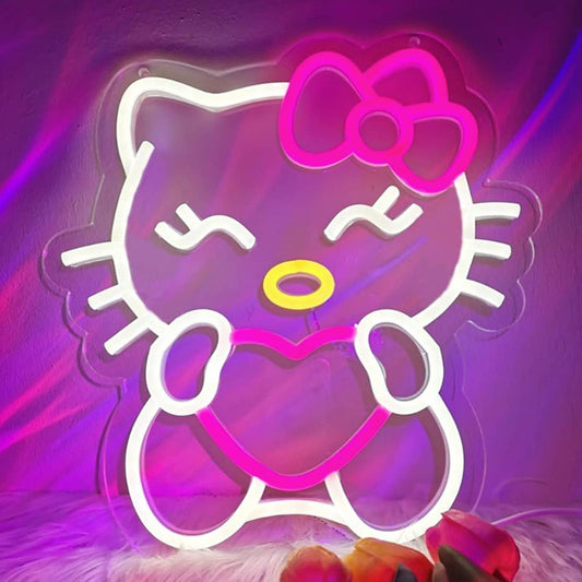 Adorable Bright Pink Hello Kitty Cat Heart Love LED Night Light Anime Decor