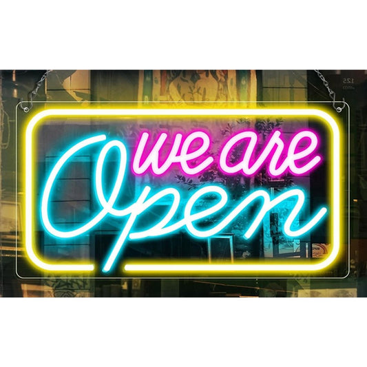 Vivid Bright Yellow, Pink & Blue “We Are Open” LED Light Store Shop Sign