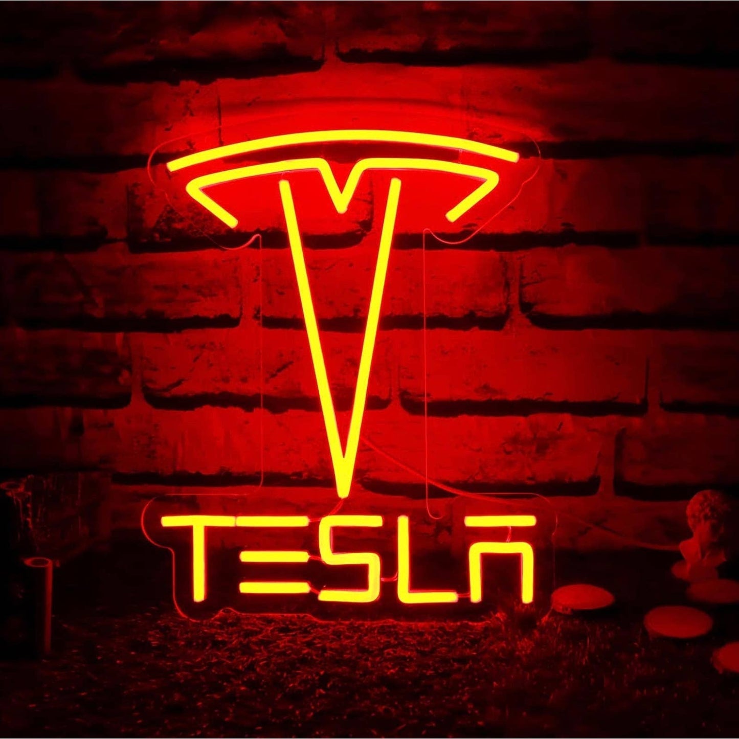 Bright Red Tesla Logo Electric Car SUV LED Night Light Room Wall Garage Decor