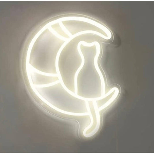 Lovely Bright White Cat Sitting on Crescent Moon LED Night Light Room Wall Decor