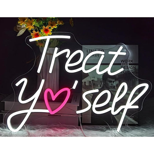 Lovely Bright White/Pink “Treat Yo’ Self” Heart LED Night Light Room Wall Decor