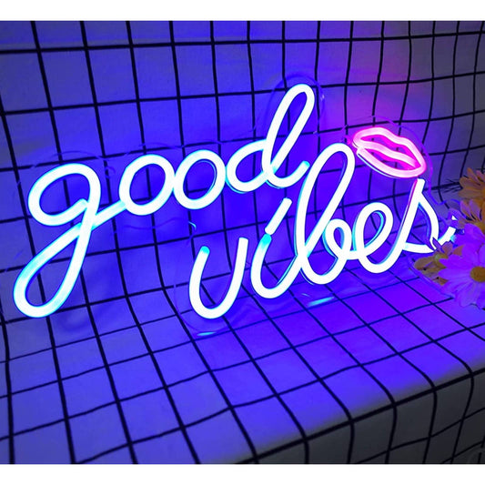 Lovely Bright Blue Good Vibes Pink Lips LED Night Light Room Wall Decoration