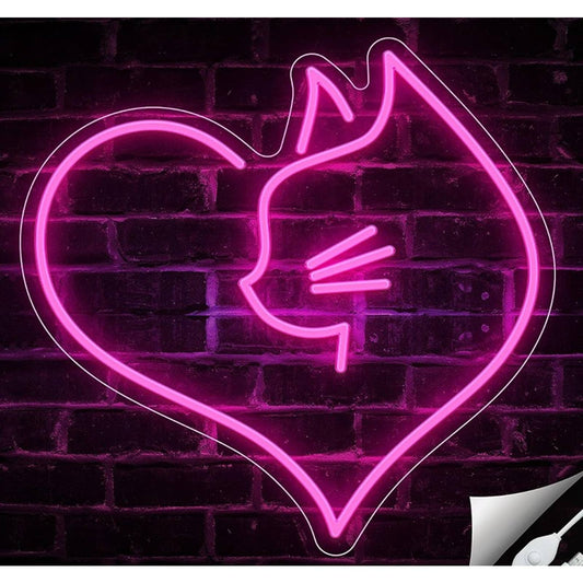 Vivid Bright Pink Kitty Cat Love Heart LED Night Light Room Wall Decor