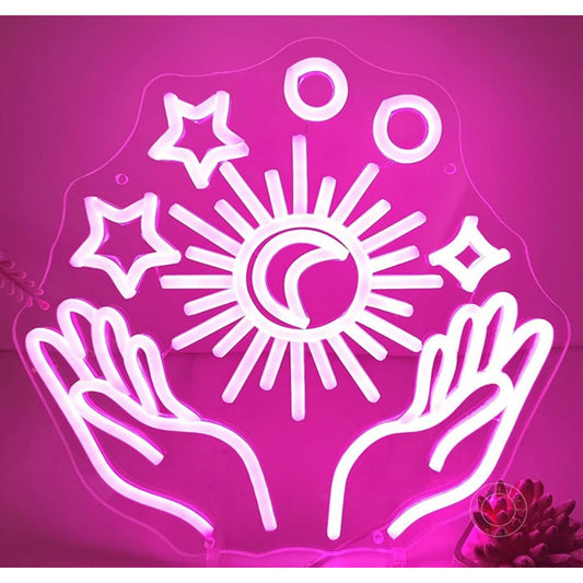 Lovely Bright Pink Sun, Star & Moon Hands LED Night Light Room Wall Decor