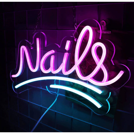 Lovely Bright Pink / Blue Nails Salon Shop Business LED Light Sign Room Wall Dec