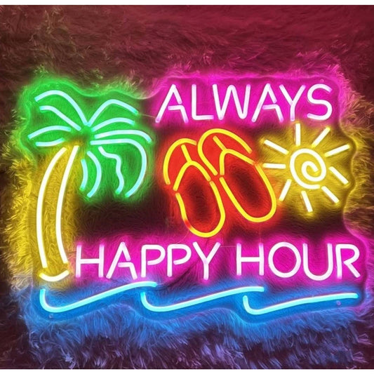 Fun Bright Tropical “Always Happy Hour” LED Bar Night Light Sign Room Wall Decor