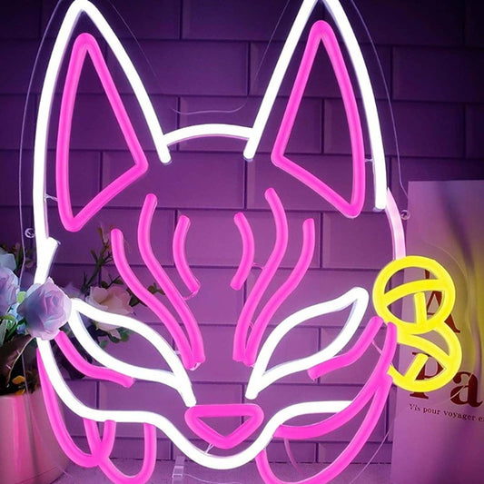 Lovely Bright Pink Japanese Fox Mask LED Night Light Anime Mask Decor