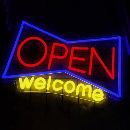 Vivid Bright Fun Retro Bowtie “OPEN Welcome” LED Night Light Business Shop Sign