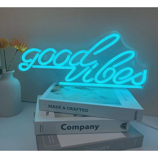 Vibrant Light Blue Underlined Good Vibes LED Night Light Room Wall Decoration