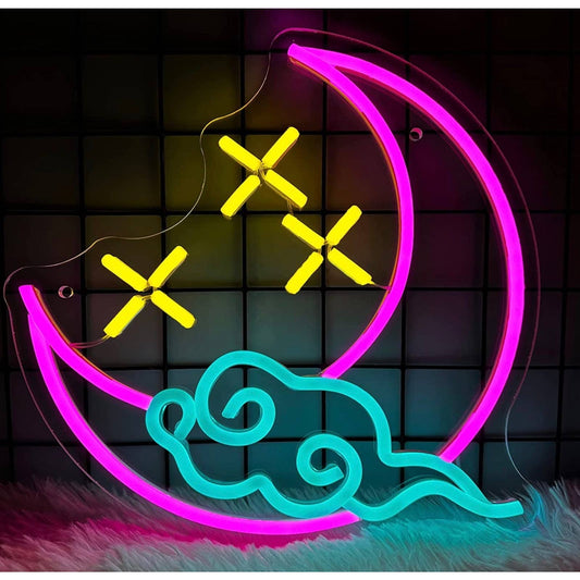 Lovely Vivid Bright Pink Crescent Moon Stars and Cloud LED Night Light Room Wall