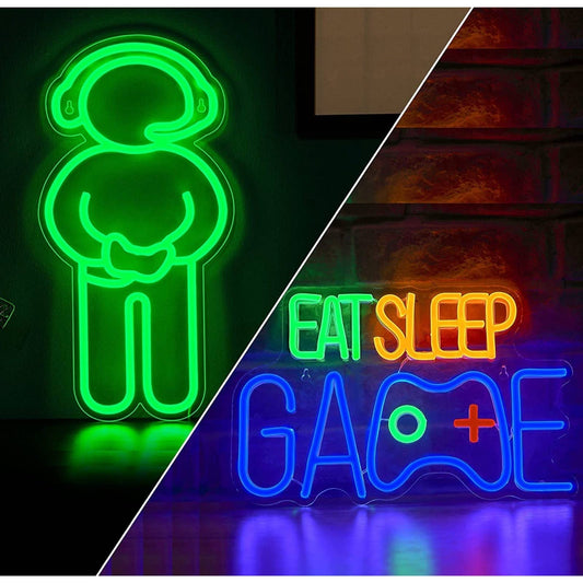Fun Bright Green Gamer & Eat Sleep Game LED Night Light Game Room Bundle Set