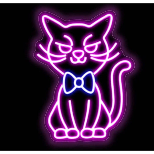 Fun Bright Pink Cat with a Blue Bow Tie LED Night Light Room Wall Decoration